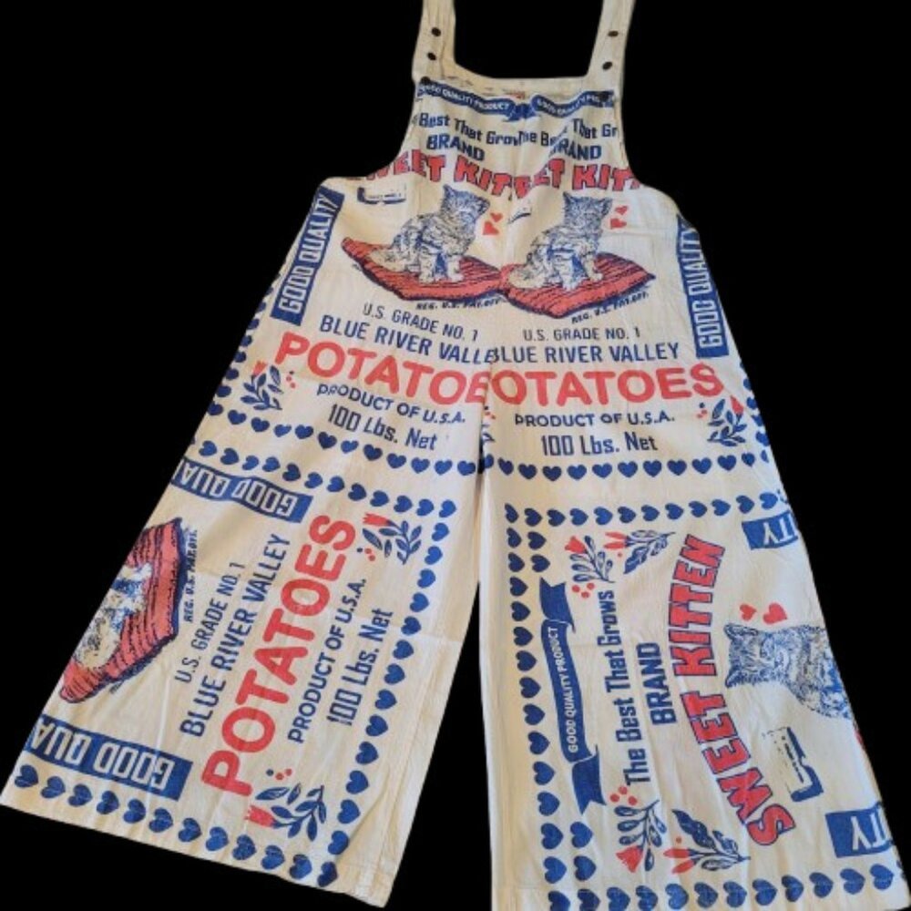 Flour Sack KITTEN Overalls Coveralls W/ Straps Garden Hippie Cottage Core Boho